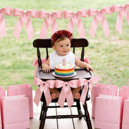 2-Strings Pink Bow Garland Banner, 16 Pre-Strung Double-Loop Satin Ribbon Bows, Valentine’s Day Decor for Baby Shower Bridal, Birthday & Wedding Party, Reusable Coquette Room Wall Mantel Table Decor