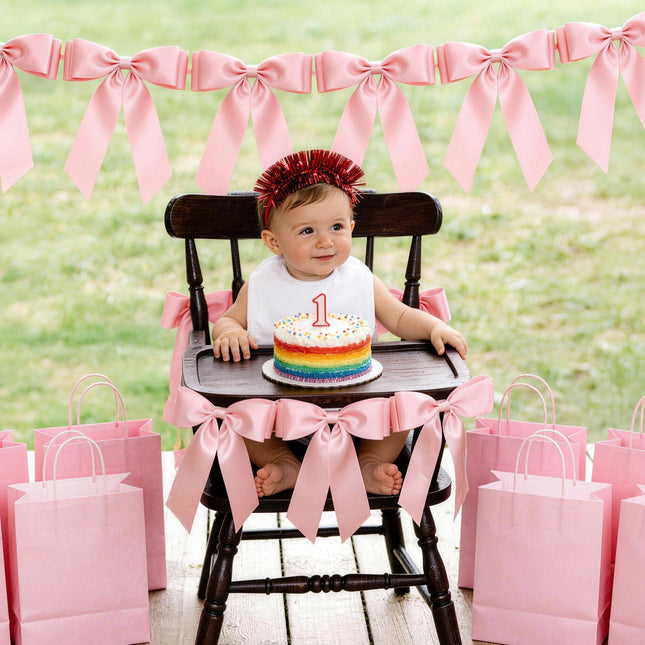 2-Strings Pink Bow Garland Banner, 16 Pre-Strung Double-Loop Satin Ribbon Bows, Valentine’s Day Decor for Baby Shower Bridal, Birthday & Wedding Party, Reusable Coquette Room Wall Mantel Table Decor