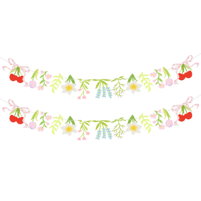 FLAIR GIFTS 2-Pack Wildflower Felt Garland, 8ft Colorful Floral Banner with Lavender & Daisy, Pre-Strung Cherry Blossom Bunting with Bows, Cottagecore Nursery Decor & Garden Party Supplies