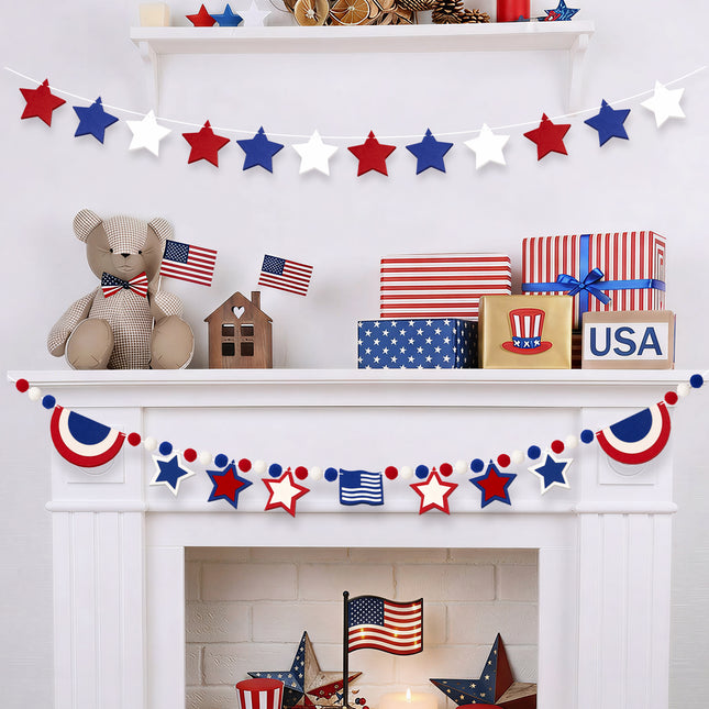 Flair Gifts 2 Pack 4th of July Garland, 6.5ft Felt Patriotic Star Garland for Mantel w/Red White Blue Pom Pom Flag Banner Decor for 250th Anniversary Independence Day Veterans Memorial Party