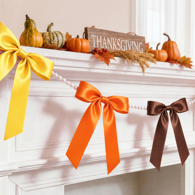 FLAIR GIFTS 2 Strings Fall Bow Garland Banner, 6.5ft Pearl Chain Pre-Strung 6 Satin Ribbon for Autumn Decor, Thanksgiving, Friendsgiving, Pumpkin Patch Party, Vintage Harvest Mantle Backdrop