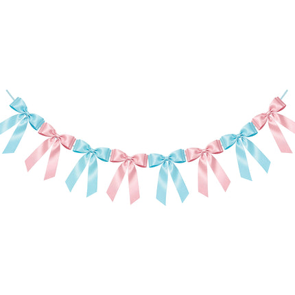 1-String Pink & Blue Bow Garland Banner, 8 Pre-Strung Double-Loop Satin Ribbon Bows, Valentines Day Decor for Baby Shower Bridal, Birthday & Wedding Party, Reusable Girls Coquette Room Wall Decor