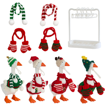 FLAIR GIFTS 4 Sets 7 Inch Desk Goose Christmas Outfits, Knit Sweater Santa Hat Scarf Gloves & Accessories with Hanger Stand for Desktop Goose Statue Holiday Decor Gift