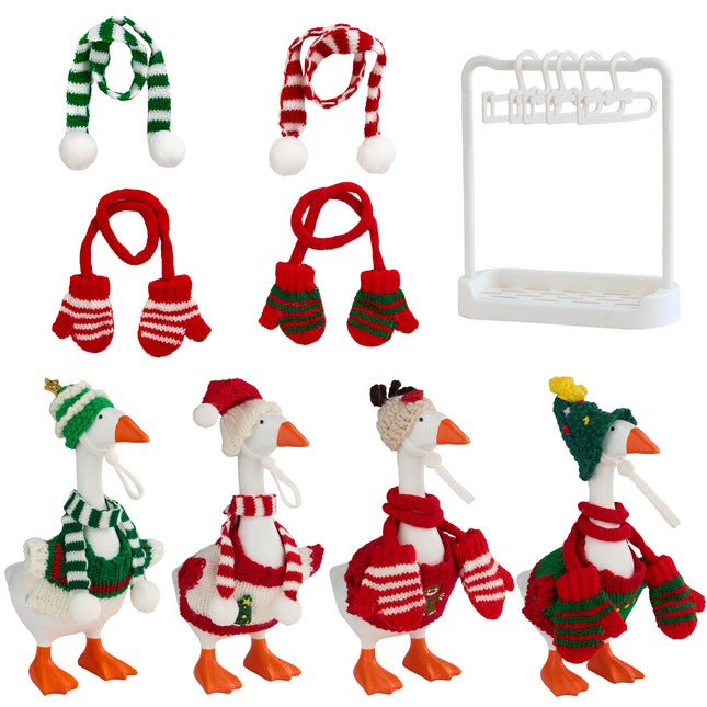 FLAIR GIFTS 4 Sets 7 Inch Desk Goose Christmas Outfits, Knit Sweater Santa Hat Scarf Gloves & Accessories with Hanger Stand for Desktop Goose Statue Holiday Decor Gift