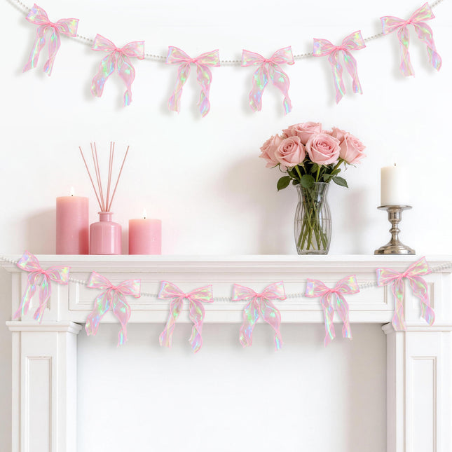 FLAIR GIFTS 2 Strings Iridescent Pink Bow Garland Banner, Pre-Strung Fish-Tail Organza Ribbon with 6.5ft Pearl Chain for Coquette Birthday, Bridal Shower, Baby Shower, Engagement, Anniversary Decor