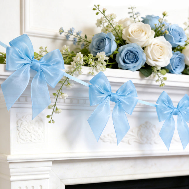 FLAIR GIFTS 2-String 6.5ft Blue Bows Garland Banner, 16 Pcs Pre-Strung Bows Party Decorations for Baby Shower, Birthday, Bridal Shower, Bachelorette Party, Tea Party Supplies