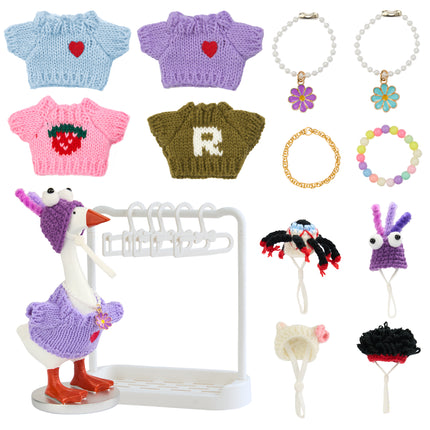 FLAIR GIFTS 4 Sets 7 Inch Desk Goose Sweater Outfits, Funny Knit Sweater with Knit Hat & Necklace, Hanger Stand Included for Desktop Goose Statue Clothes Accessories Decor