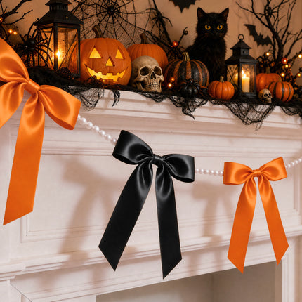 FLAIR GIFTS 2 Strings Halloween Bow Garland Banner, 6.5ft Pearl Chain Pre-Strung 6 Satin Ribbon for Gothic Coquette Decor, Spooky One Birthday, Orange and Black Party Garland & Mantle Backdrop