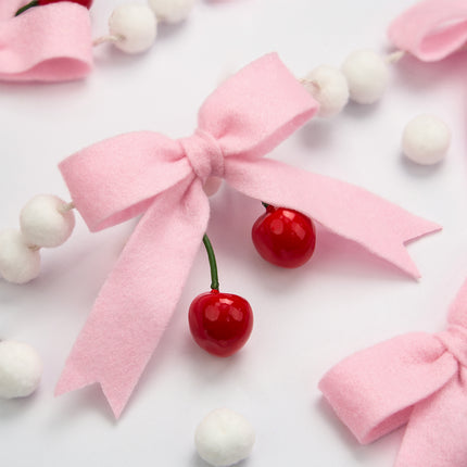 Flair Gifts 2-Pack 8ft Pink Cherry Bow Felt Garland, Coquette Aesthetic Nursery Decor, Handmade Wool Banner for Girls First Birthday, Baby Shower, Spring Party Decorations, Mantel Wall Hanging