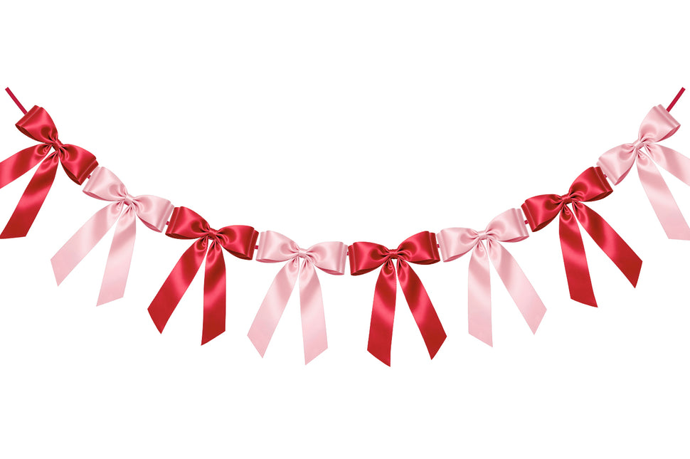 1-String Pink& Red Bow Garland Banner, 8 Pre-Strung Satin Ribbon Bows, for Baby Shower, Bridal Shower Birthday & Wedding Party, Valentine’s Day, Mother’s Day, Reusable Coquette Wall Mantel Table Decor