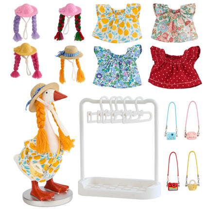 FLAIR GIFTS 4 Sets 7 Inch Desk Goose Outfits, Cute Dress with Braided Wig Hat, Mini Handbag & Hanger Stand for Desktop Goose Statue Clothes Accessories Decor