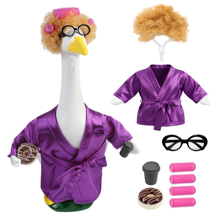 FLAIR GIFTS Porch Goose Robe Outfit Set for 23 Inch Goose Statue, Purple Silk Bathrobe with Wig Curlers Coffee Cup Donut Glasses, Elegant Funny Goose Clothes Decor (Purple Silk)
