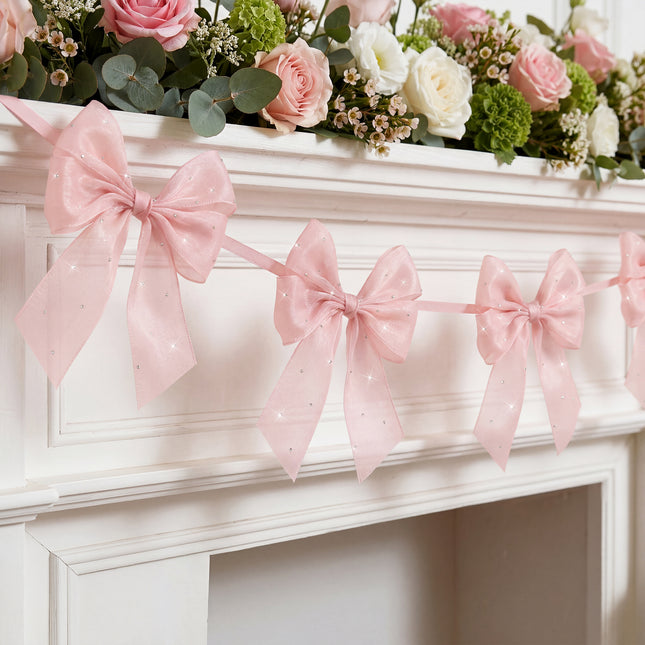 FLAIR GIFTS 2-String 6.5ft Pink Bows Garland Banner, Pre-Strung Bow with Sparkly Rhinestone Decor for Coquette Birthday, Bachelorette Party, Girly Pink Party Supplies, Baby Shower, Bridal Shower
