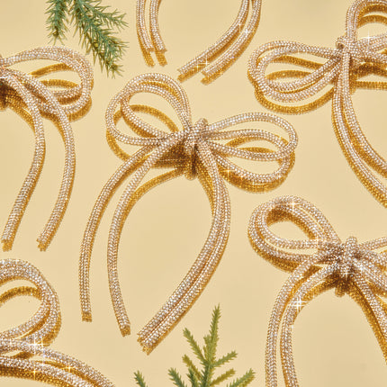 FLAIR GIFTS 6 Pcs 5" x 7" 2026 Christmas Bow Ornaments, Champagne Gold Double-Layer Sparkly Glitter Rhinestone Bows with Twist Tie for Xmas Tree Decoration, Wreath, Garland, Gift Wrapping