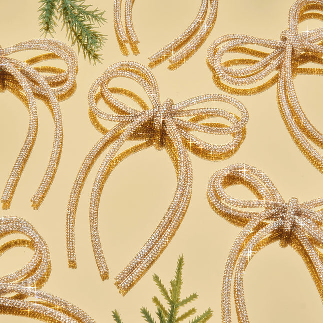 FLAIR GIFTS 6 Pcs 5" x 7" 2026 Christmas Bow Ornaments, Champagne Gold Double-Layer Sparkly Glitter Rhinestone Bows with Twist Tie for Xmas Tree Decoration, Wreath, Garland, Gift Wrapping