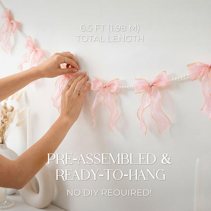 FLAIR GIFTS 2 Strings Pink Bow Garland Banner, Pre-Strung Fish-Tail Organza Ribbon with 6.5ft Pearl Chain for Coquette Birthday, Bachelorette Party, Baby Shower, Engagement, Anniversary Decor