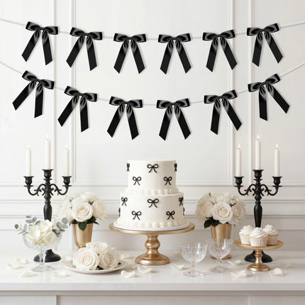 FLAIR GIFTS 2 Strings Black Bow Garland Banner, 6.5ft Pearl Chain Pre-Strung Satin Ribbon for Halloween Gothic Decor, Death to My 20s Birthday, Bachelorette, Black Tie Party & Modern Wedding Backdrop