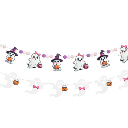 FLAIR GIFTS 2-Pack Halloween Ghost Felt Garland, 8ft 3D Cute Ghost Banner with Pom Poms, Pre-Strung Pastel Pink & Purple Halloween Decorations for Home, Fireplace Mantel, Classroom, Party Décor