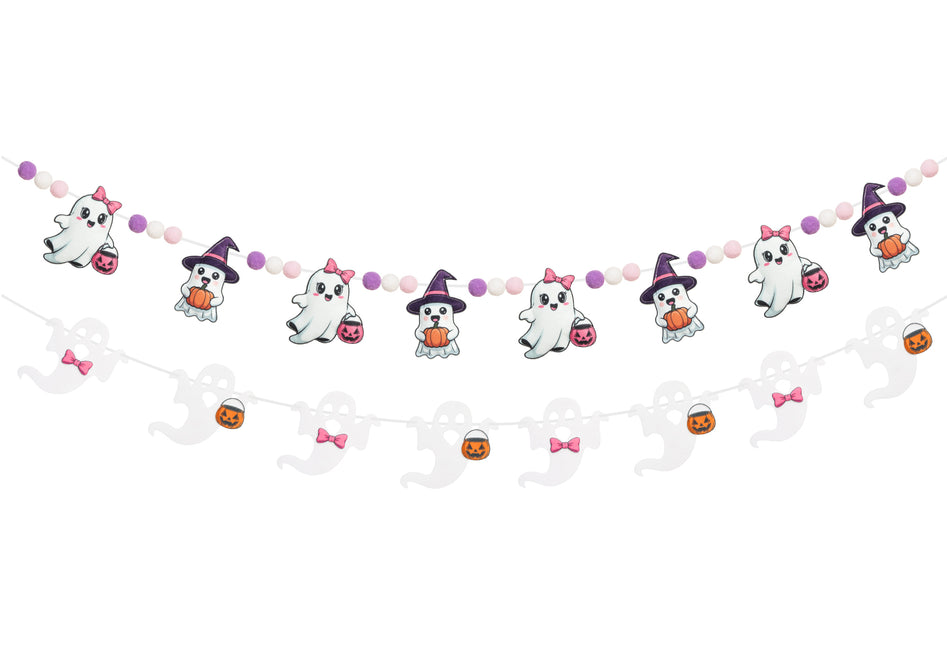 FLAIR GIFTS 2-Pack Halloween Ghost Felt Garland, 8ft 3D Cute Ghost Banner with Pom Poms, Pre-Strung Pastel Pink & Purple Halloween Decorations for Home, Fireplace Mantel, Classroom, Party Décor