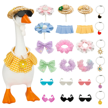 24 PCs 7 Inch Desktop Goose Outfits, Mix & Match Goose Outfits with Hat Wig Bow Dress Necklace Glasses for Desktop Goose Statue Indoor Decor Home Decor Gift