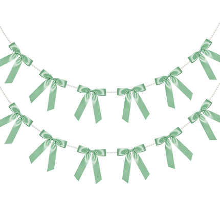 FLAIR GIFTS 2 Strings Sage Green Bow Garland Banner, 6.5ft Pearl Chain Pre-Strung Satin Ribbon for Woodland Baby Shower, Garden Wedding, Forest First Birthday, Neutral Nursery & Botanical Party Decor
