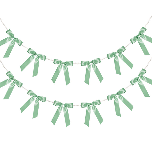 FLAIR GIFTS 2 Strings Sage Green Bow Garland Banner, 6.5ft Pearl Chain Pre-Strung Satin Ribbon for Woodland Baby Shower, Garden Wedding, Forest First Birthday, Neutral Nursery & Botanical Party Decor