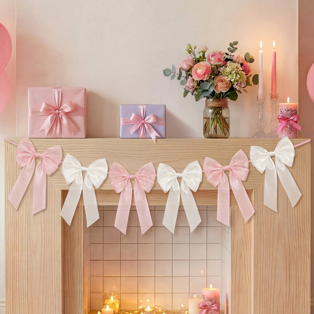 FLAIR GIFTS 1-String 6.5ft Pink & White Bows Garland Banner, 6 Pcs Pre-Strung Bow Party Decorations for Coquette Birthday, Bachelorette Party, Girly Pink Party Supplies, Baby Shower, Bridal Shower