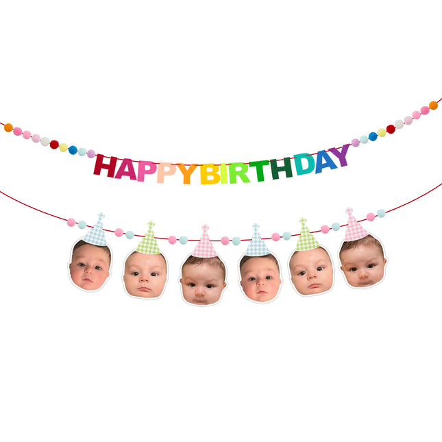 FLAIR GIFTS 2-Pack Happy Birthday Felt Garland with Pom Poms & Birthday Hats, 8ft Pre-Strung Reusable Colorful Felt Banner, Cute Pastel Bunting for Kids Party Decorations Backdrop