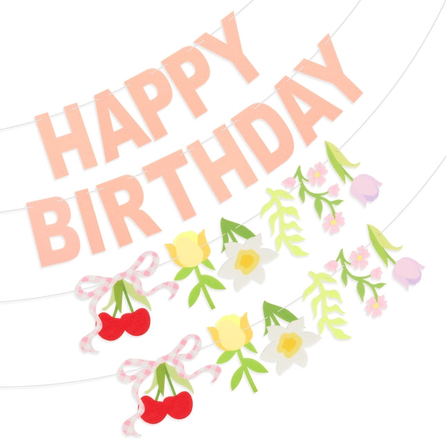 FLAIR GIFTS 2-Pack Happy Birthday Flower Felt Garland, 8ft Pre-Strung Floral Birthday Banner with Cherries & Blossoms, Reusable Pink Bunting for Garden Party, Nursery, Cottagecore Girls Birthday Decor