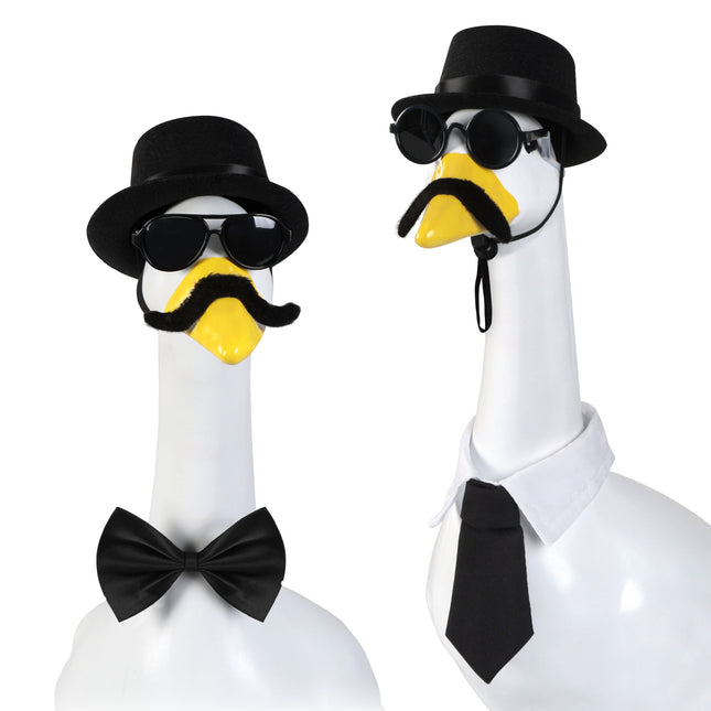 FLAIR GIFTS Porch Goose Statue 7pc Accessory Combination Set, Gentleman Goose Accessories Kit with Top Hat Bow Tie Sunglasses Strap for 23 Inch Goose, Black Formal Style Yard Decor (Black Formal 7PC)