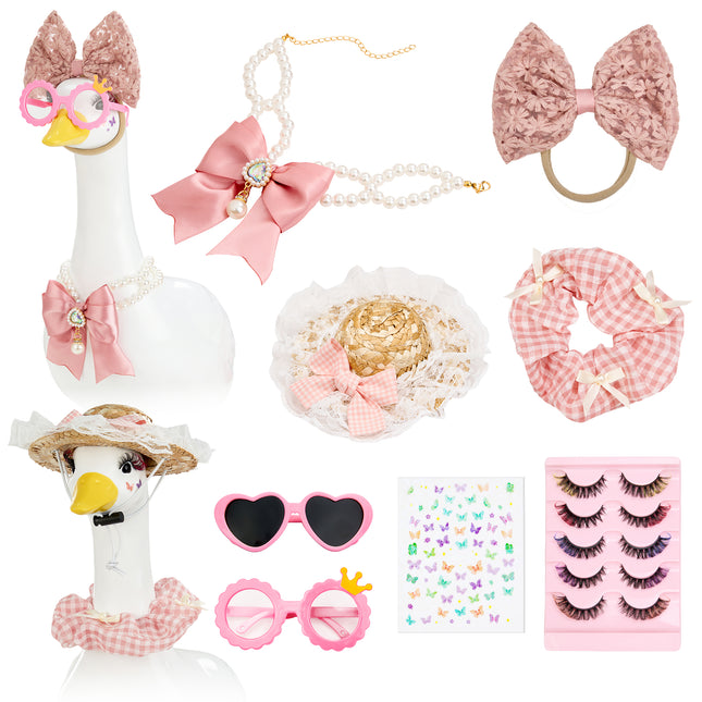 FLAIR GIFTS Porch Goose Statue 8pc Accessory Combination Set, Pink Goose Accessories Kit with Glasses Bow Hat Necklace Stickers for 23 Inch Goose, Cute Girl Style Yard Decor (Pink Girl 8PC)