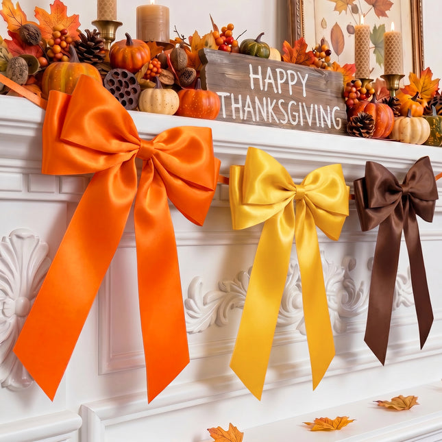 1-String Vintage Fall Bow Garland, 8 Pre-Strung Brown& Orange& Yellow Double-Layer Satin Ribbon Bows Banner, Reusable Autumn Thanksgiving Wall Mantel Decor