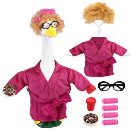 FLAIR GIFTS Porch Goose Robe Outfit Set for 23 Inch Goose Statue, Pink Flannel Bathrobe with Wig Curlers Coffee Cup Donut Glasses, Funny Home Relaxing Goose Clothes Decor (Pink)