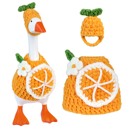7 Inch Desk Goose Outfits Orange, Handmade Knit Costume 2 PCs with Hat & Dress for Desktop Goose Statue Clothes Accessories Decor Gift