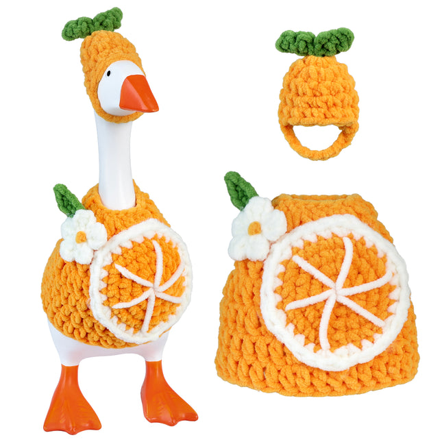 7 Inch Desk Goose Outfits Orange, Handmade Knit Costume 2 PCs with Hat & Dress for Desktop Goose Statue Clothes Accessories Decor Gift