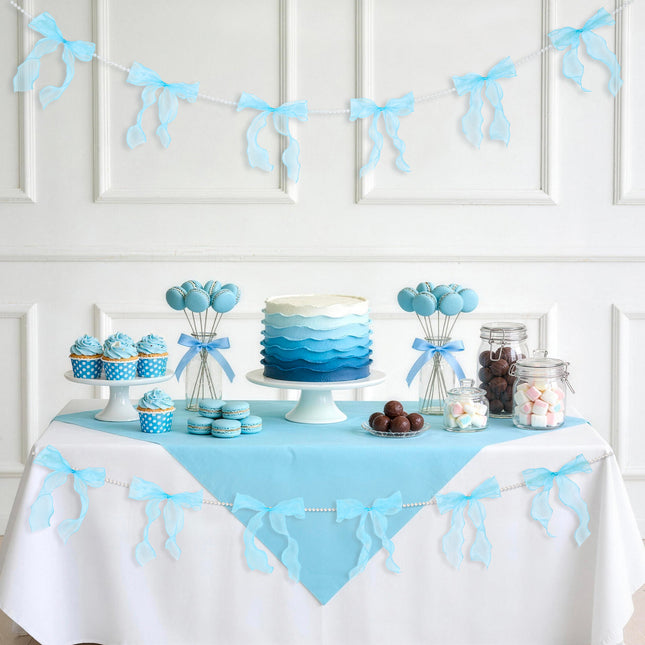 FLAIR GIFTS 2 Strings Blue Bow Garland Banner, Pre-Strung Fish-Tail Organza Ribbon with 6.5ft Pearl Chain for Baby Shower, Bridal Shower, Wedding, Engagement, Graduation & Anniversary Party Decor