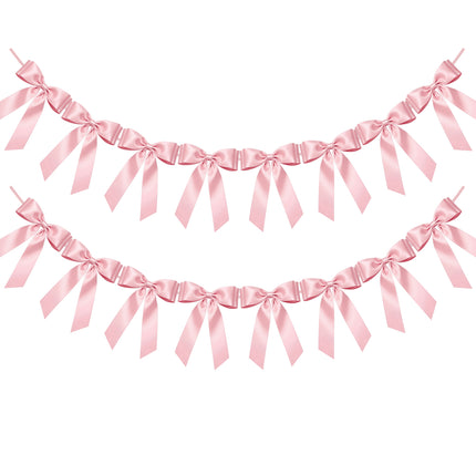 FLAIR GIFTS 2 Strings Pink Bow Garland Banner, Pre-Strung Satin Ribbon with 6.5ft Pearl Chain for Coquette Birthday, Bridal Shower, Party, Baby Shower, Engagement, Graduation & Anniversary Decor