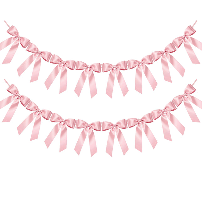 FLAIR GIFTS 2 Strings Pink Bow Garland Banner, Pre-Strung Satin Ribbon with 6.5ft Pearl Chain for Coquette Birthday, Bridal Shower, Party, Baby Shower, Engagement, Graduation & Anniversary Decor