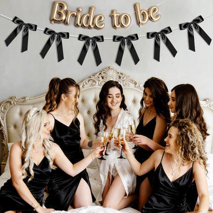 FLAIR GIFTS 2 Strings Black Bow Garland Banner, 6.5ft Pearl Chain Pre-Strung Satin Ribbon for Halloween Gothic Decor, Death to My 20s Birthday, Bachelorette, Black Tie Party & Modern Wedding Backdrop
