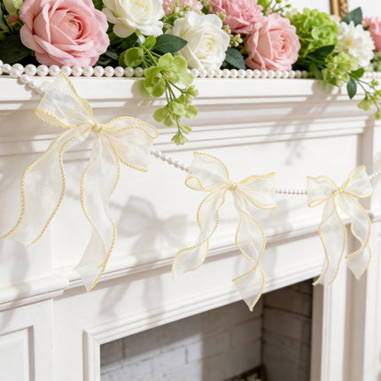 FLAIR GIFTS 2 Strings White Bow Garland Banner, Pre-Strung Fish-Tail Organza Ribbon with 6.5ft Pearl Chain for Bridal Shower, Wedding, Engagement, Birthday, Tea Party, Baby Shower, Anniversary Decor