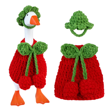 7 Inch Desk Goose Outfits Cherry, Handmade Knit Costume 2 PCs with Hat & Dress for Desktop Goose Statue Clothes Accessories Decor Gift