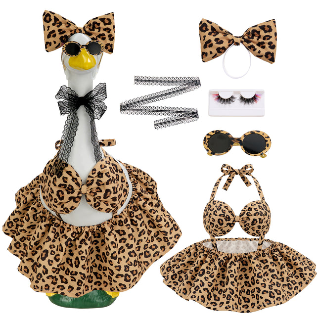 FLAIR GIFTS Porch Goose Robe Outfit Set for 23 Inch Goose Statue, Leopard Flannel Bathrobe with Wig Curlers Coffee Cup Donut Glasses, Funny Cozy Goose Clothes Decor (Leopard)