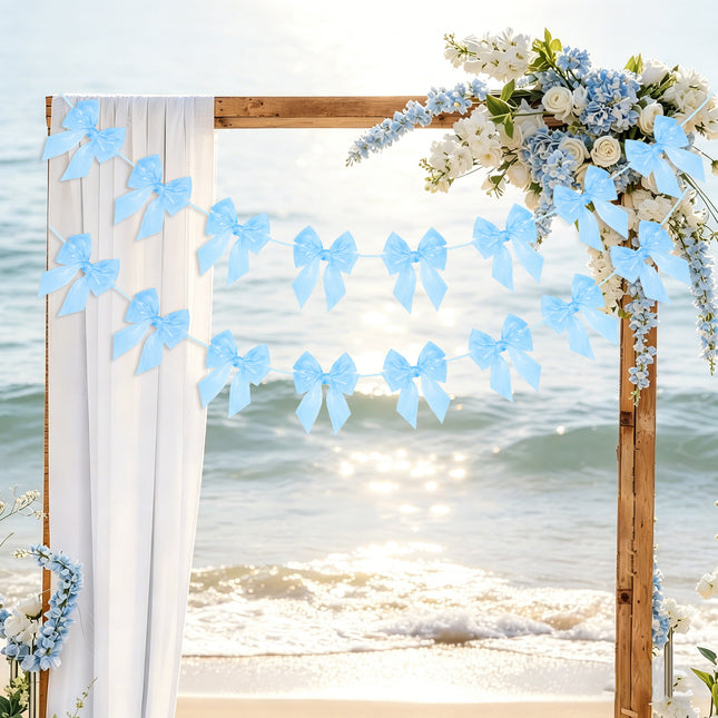 FLAIR GIFTS 2-String 6.5ft Blue Bows Garland Banner, 16 Pcs Pre-Strung Bows Party Decorations for Baby Shower, Birthday, Bridal Shower, Bachelorette Party, Tea Party Supplies