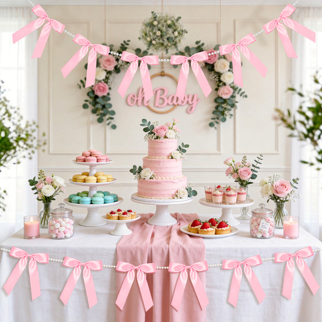 FLAIR GIFTS 2 Strings Coquette Pink Bow Garland Banner, 6.5ft Pearl Chain Pre-Strung Satin Ribbon for Soft Girl Aesthetic, Pink Birthday, Girl Baby Shower, Valentine’s Day & Preppy Room Decor