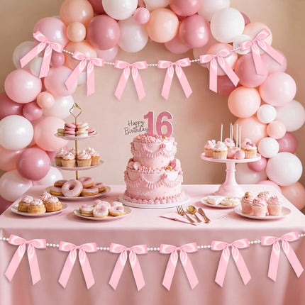 FLAIR GIFTS 2 Strings Coquette Pink Bow Garland Banner, 6.5ft Pearl Chain Pre-Strung Satin Ribbon for Soft Girl Aesthetic, Pink Birthday, Girl Baby Shower, Valentine’s Day & Preppy Room Decor