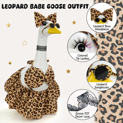 FLAIR GIFTS Porch Goose Robe Outfit Set for 23 Inch Goose Statue, Leopard Flannel Bathrobe with Wig Curlers Coffee Cup Donut Glasses, Funny Cozy Goose Clothes Decor (Leopard)