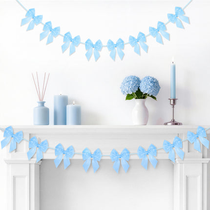 FLAIR GIFTS 2-String 6.5ft Blue Bows Garland Banner, 16 Pcs Pre-Strung Bows Party Decorations for Baby Shower, Birthday, Bridal Shower, Bachelorette Party, Tea Party Supplies
