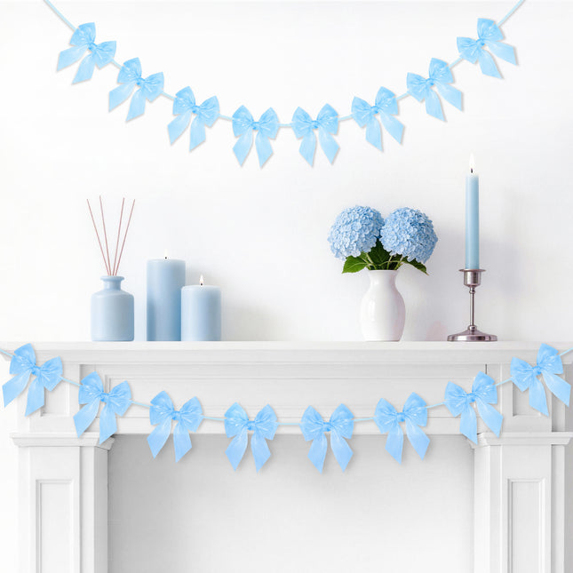 FLAIR GIFTS 2-String 6.5ft Blue Bows Garland Banner, 16 Pcs Pre-Strung Bows Party Decorations for Baby Shower, Birthday, Bridal Shower, Bachelorette Party, Tea Party Supplies