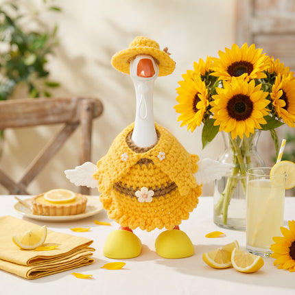 7 Inch Desk Goose Outfits 4 PCs, Handmade Crochet Hat Cape Dress & Yellow Plastic Slippers for Desktop Goose Statue Clothes Accessories Decor Gift