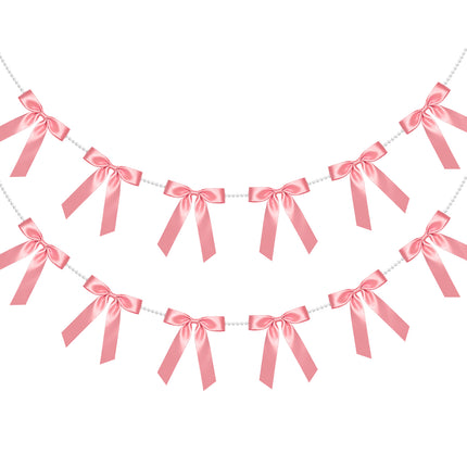 FLAIR GIFTS 2 Strings Dusty Rose Bow Garland Banner, 6.5ft Pearl Chain Pre-Strung Ribbon for Chic Bridal Shower, Muted Rose Wedding Decor, Sophisticated Birthday, Anniversary & Victorian Tea Party